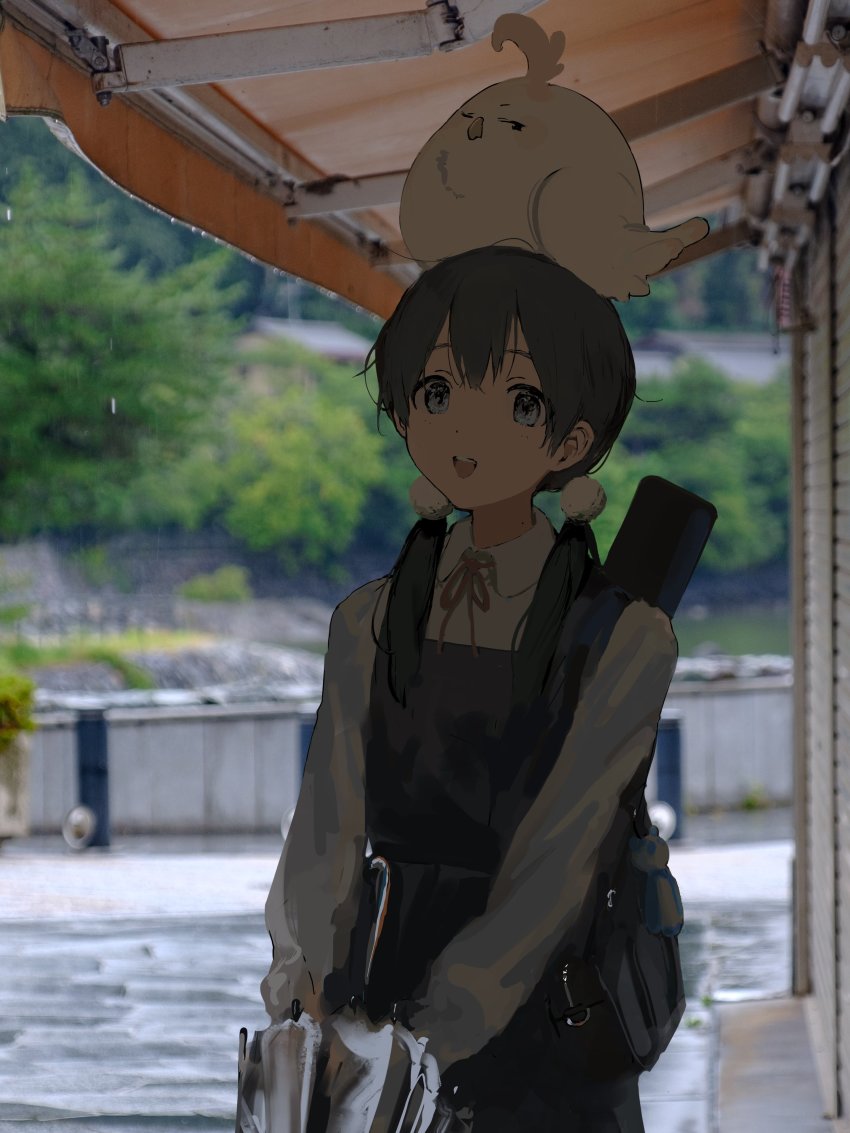 1girl :d absurdres animal animal_on_head bird bird_on_head black_hair blue_dress blue_eyes blurry blurry_background closed_umbrella collared_shirt dera_mochimazzui dress highres holding holding_umbrella kitashirakawa_tamako long_hair looking_at_viewer low_twintails neck_ribbon on_head open_mouth outdoors photo_background pinafore_dress pom_pom_(clothes) rain ribbon school_uniform shirt sleeveless_dress smile solo standing suiso_(owp) tamako_market teeth town twintails umbrella upper_teeth_only white_shirt