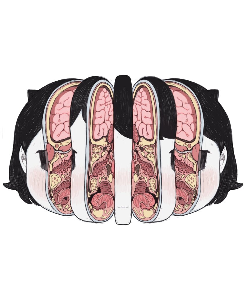 1girl absurdres anatomy black_eyes black_hair blush brain cross-section head_only highres original possummachine short_hair simple_background sliced solo straight-on tongue white_background