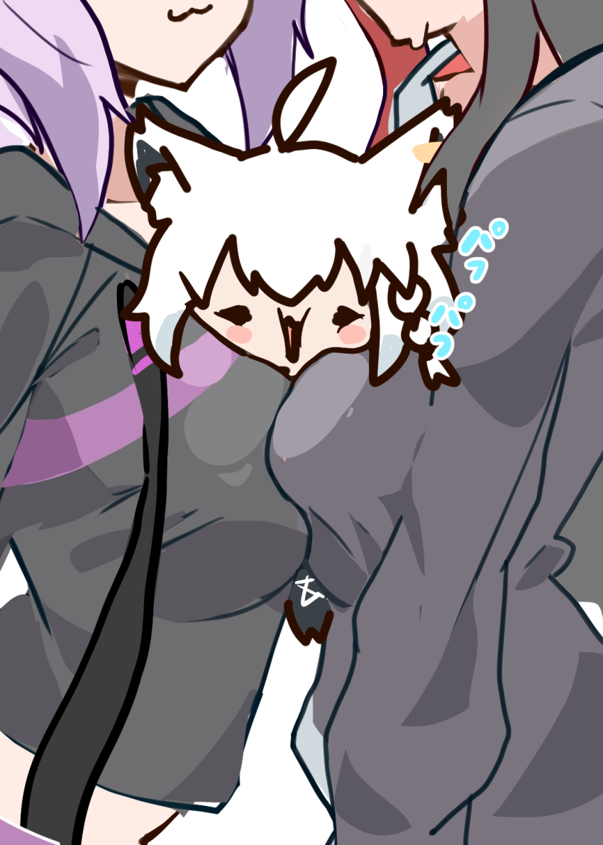 3girls :3 ahoge animal_ears between_breasts black_hair black_hoodie blush_stickers braid breast_press breasts chibi closed_eyes commentary_request earrings facing_viewer feet_out_of_frame fox_ears fox_girl fumitonkatsu head_out_of_frame highres hololive hood hoodie jewelry large_breasts midriff multiple_girls nekomata_okayu nekomata_okayu_(1st_costume) ookami_mio purple_hair shirakami_fubuki simple_background single_earring sketch sound_effects standing sweatdrop white_hair yuri