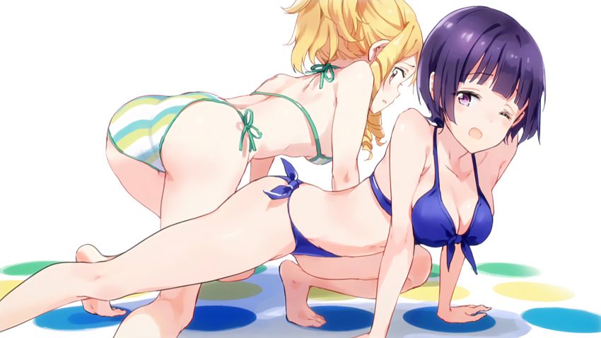 2girls ;o all_fours arm_support ass bare_legs bare_shoulders barefoot bear_position bikini blonde_hair blue_bikini breasts brown_eyes cleavage eromanga_sensei feet green_bikini halterneck highres large_breasts multiple_girls one_eye_closed ponytail profile purple_eyes purple_hair resized ringlets screencap senju_muramasa short_hair side-tie_bikini_bottom sideboob sidelocks simple_background small_breasts string_bikini striped_bikini striped_clothes swimsuit tiv twister underboob upscaled white_background yamada_elf