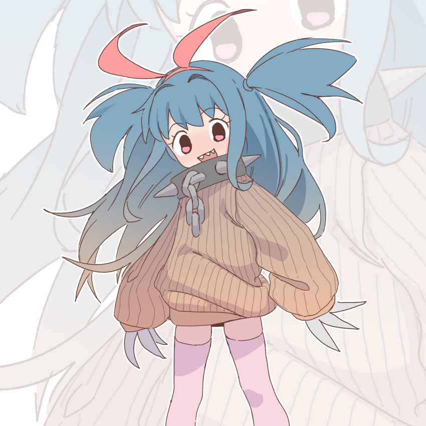 1girl absurdres blue_hair chain claws collar hairband highres long_hair long_sleeves looking_at_viewer orenjipiiru original pink_eyes red_hairband sharp_teeth spiked_collar spikes standing sweater teeth thighhighs two_side_up yellow_sweater zettai_ryouiki zoom_layer