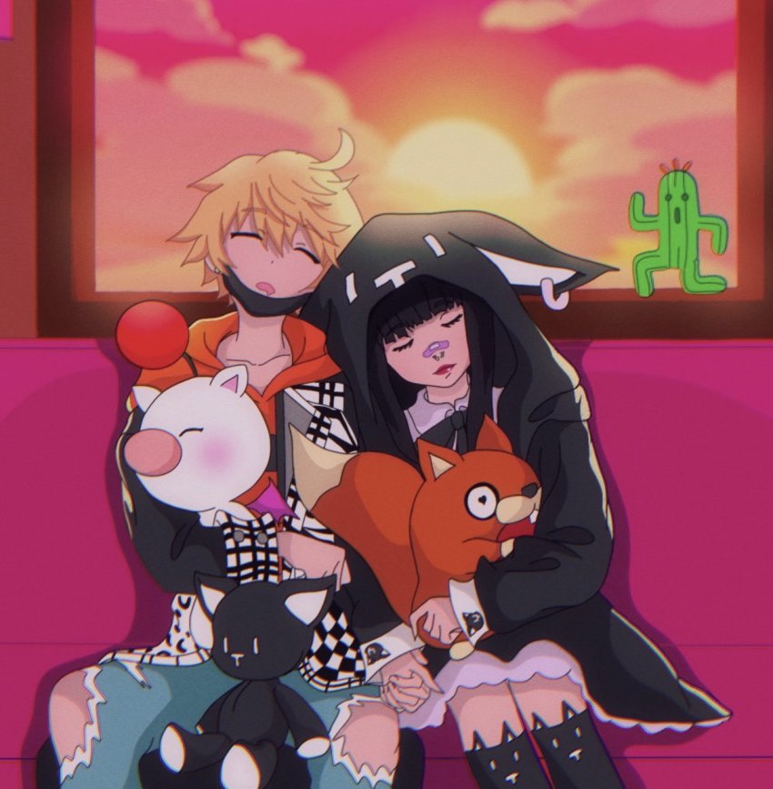 1boy 1girl animal_ears bandaid bandaid_on_face bandaid_on_nose black_coat black_hair black_hoodie blonde_hair closed_eyes cloud coat drooling ear_piercing eyebrows_hidden_by_hair eyelashes face_piercing fake_animal_ears final_fantasy hetero highres holding holding_hands holding_stuffed_toy hood hoodie indoors kanade_rindo long_coat long_hair moogle nose_piercing nutkin nyantan open_mouth orange_hoodie pants piercing sabotender sakurane_shoka shin_subarashiki_kono_sekai sleeping sleeping_on_person stuffed_animal stuffed_cat stuffed_toy subarashiki_kono_sekai sunset thighhighs torn_clothes torn_pants