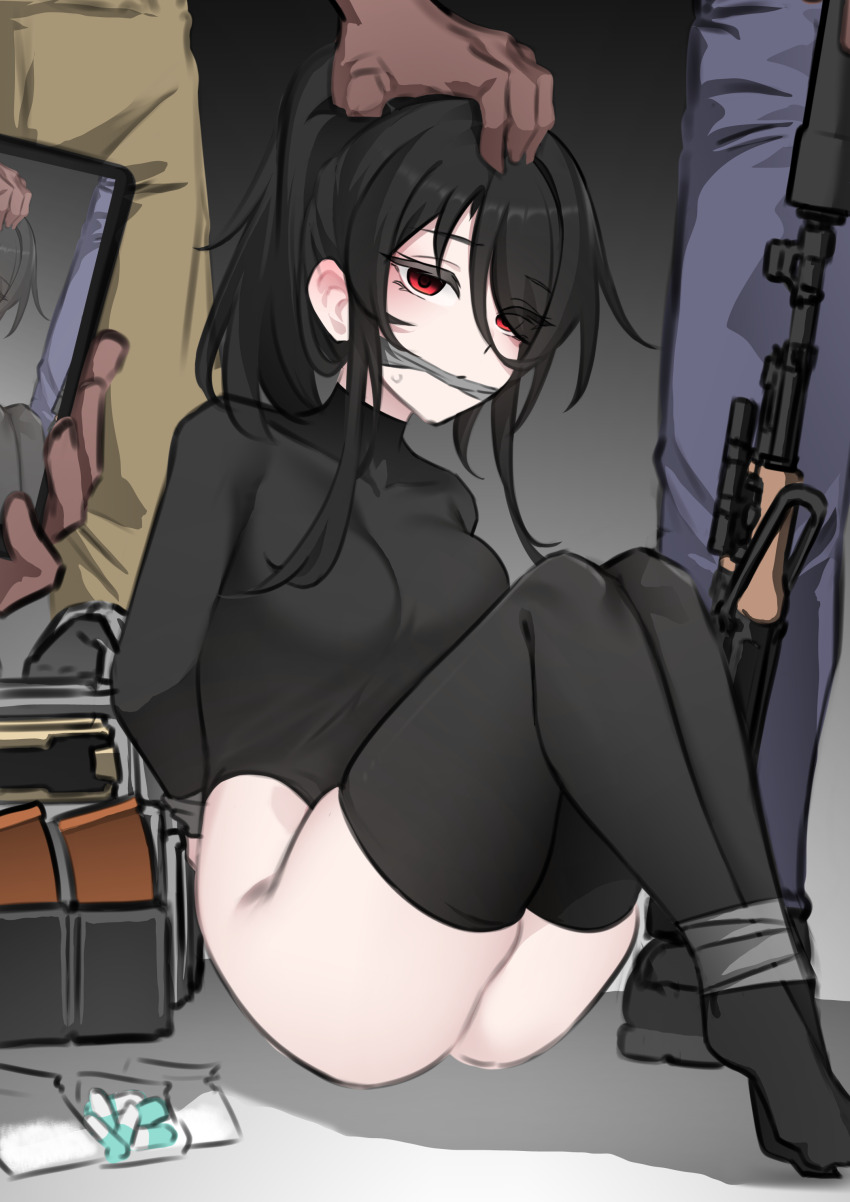 3boys absurdres ammunition_pouch arms_behind_back assault_rifle bandit-chan_(k0ng) black_hair black_shirt bottomless bound bound_ankles bound_arms breasts bulletproof_vest cellphone cleave_gag cloth_gag eyes_visible_through_hair folding_stock gag gagged gun hair_over_one_eye hand_on_another&#039;s_head highres holding holding_phone improvised_gag k0ng knees_up large_breasts long_sleeves magazine_(weapon) medium_hair multiple_boys on_floor original phone ponytail pouch recording red_eyes rifle shirt sidelocks sitting smartphone suppressor sweatdrop turtleneck turtleneck_shirt weapon