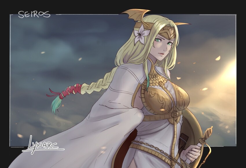 1girl artist_name braid braided_ponytail breasts cape cowboy_shot dress fire_emblem fire_emblem:_three_houses flower green_eyes green_hair hair_flower hair_ornament helmet highres holding holding_sword holding_weapon large_breasts looking_at_viewer lynarc nintendo outdoors revision seiros_(fire_emblem) solo sword weapon white_cape white_dress winged_helmet