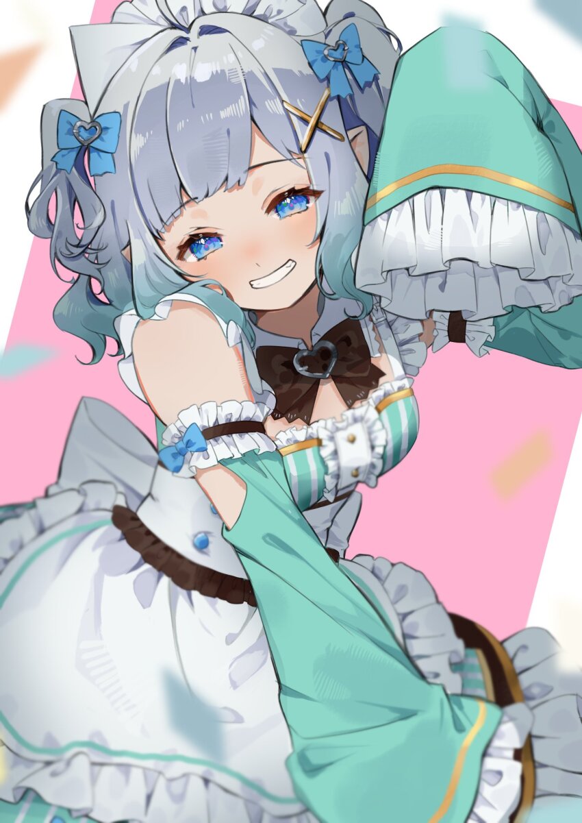 1girl blue_eyes breasts dress fang frilled_dress frilled_sleeves frills ghost_girl gradient_hair green_dress green_sleeves grin hair_ornament highres indie_virtual_youtuber long_sleeves looking_at_viewer maid_headdress medium_breasts mint_fantome mint_fantome_(minto_2.0) multicolored_hair nachoz_(nachozart) pointy_ears sleeves_past_fingers sleeves_past_wrists smile solo triangular_headpiece two_side_up virtual_youtuber white_hair white_headdress x_hair_ornament