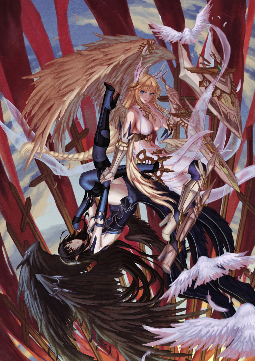 2girls angel angel_wings armor aselica_(king&#039;s_raid) bird black_dress black_gloves black_hair black_wings blonde_hair blue_eyes boots braid breasts cleavage dress dual_persona edenfox elbow_gloves fallen_angel feathered_wings feathers gauntlets gloves greaves high_heel_boots high_heels highres holding_hands king&#039;s_raid large_breasts long_hair looking_at_viewer low_wings multiple_girls navel over-kneehighs pelvic_curtain pointy_ears red_eyes shield strapless strapless_dress sword thighhighs weapon wings