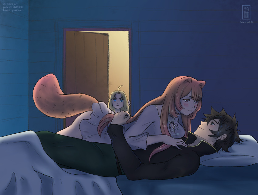 1boy 2girls ahoge animal_ears arm_shield artist_name ass black_hair black_shirt blanket blonde_hair blue_eyes blush breasts closed_mouth collarbone commentary_request couple filo_(tate_no_yuusha_no_nariagari) green_eyes green_pants grey_nightgown hand_on_another&#039;s_back hand_on_another&#039;s_chest head_only hetero high_collar highres indoors iwatani_naofumi jealous long_hair long_sleeves lying lying_on_another medium_breasts messy_hair multiple_girls night on_back on_bed on_stomach orange_hair pants pillow pink_eyes pixiv_id pout raccoon_ears raccoon_girl raccoon_tail raphtalia shirt short_hair sitting smile tail tate_no_yuusha_no_nariagari tumblr_username vk_username yuria-chu