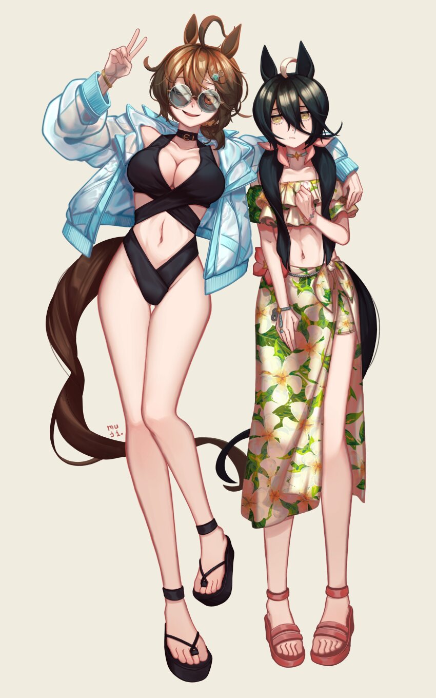 2girls absurdres agnes_tachyon_(umamusume) alternate_hairstyle animal_ears artist_name black_hair breasts brown_eyes brown_hair cleavage collar floral_print full_body highres horse_ears horse_girl horse_tail jacket large_breasts looking_at_viewer manhattan_cafe_(umamusume) mujintou_png multiple_girls open_clothes open_jacket red_eyes round_eyewear smile swimsuit tail umamusume v