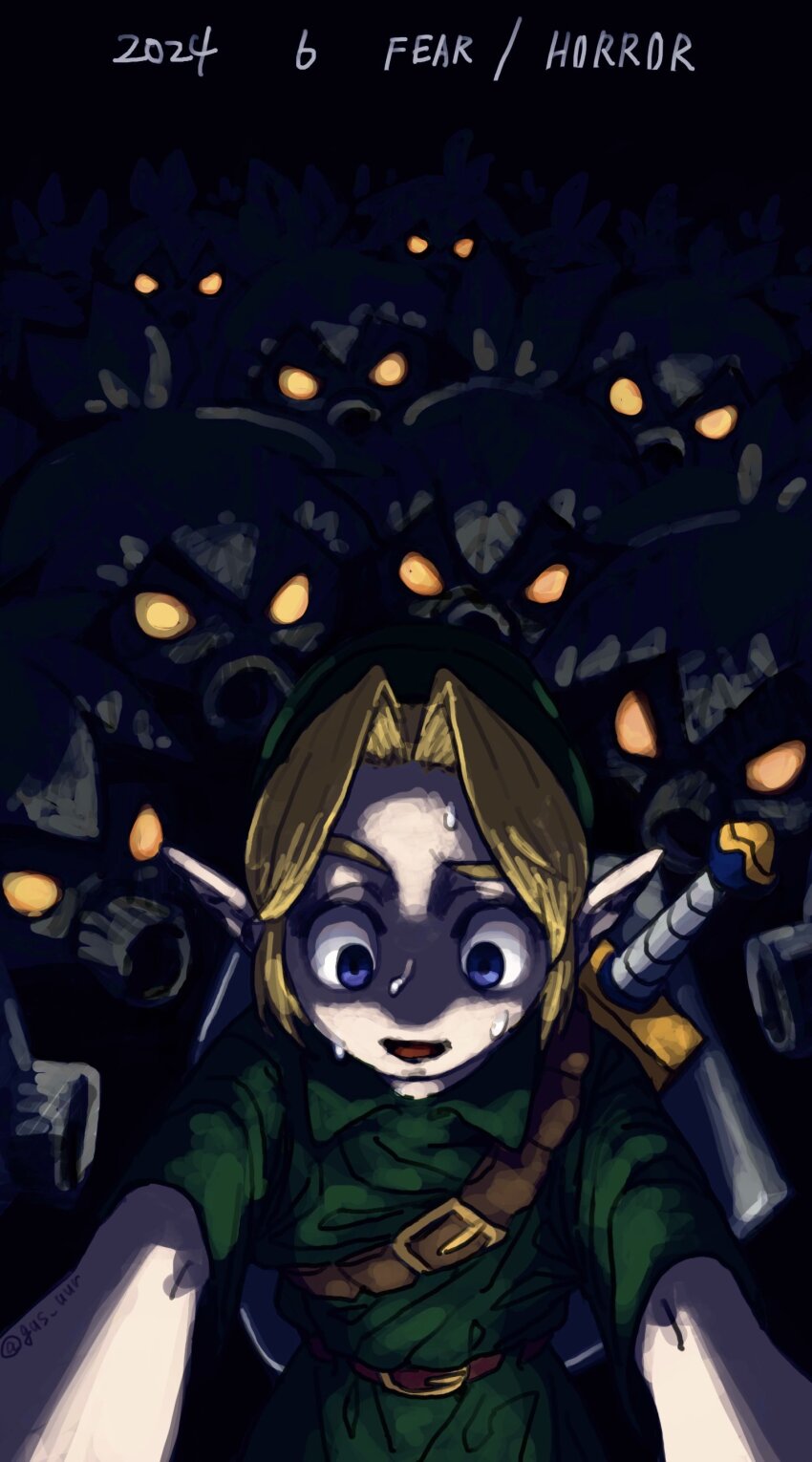1boy 2024 absurdres blonde_hair blue_eyes deku_scrub facing_viewer glowing glowing_eyes gus_uur hat highres leaves link nintendo open_mouth pointy_ears shield shield_on_back smile sweat sword the_legend_of_zelda the_legend_of_zelda:_majora&#039;s_mask weapon wide-eyed