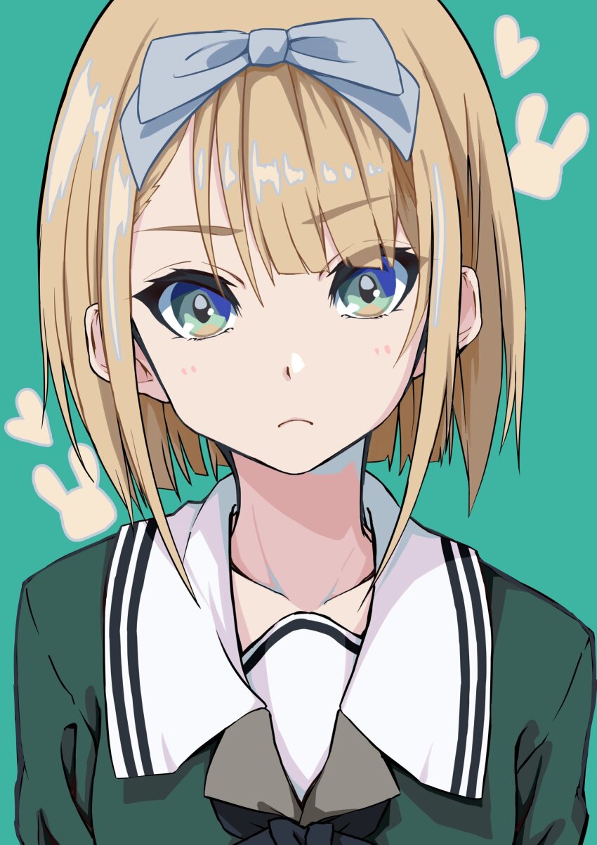 1girl 22/7 black_bow black_bowtie blonde_hair blue_bow blue_hairband bow bow_hairband bowtie closed_mouth green_background green_eyes green_shirt hair_bow hairband heart highres lionmaru0808 long_sleeves looking_at_viewer portrait rokubanchou_school_uniform sailor_collar saito_nicole school_uniform serafuku shirt short_hair solo white_sailor_collar winter_uniform