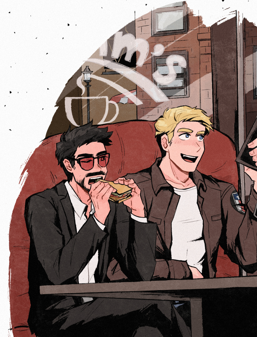 2boys avengers_(series) belt black-framed_eyewear black_belt black_hair black_jacket black_pants blonde_hair blue_eyes brown_jacket cafe collarbone collared_shirt couch crossed_legs facial_hair fang fingernails food formal_clothes hands_up highres holding holding_food holding_menu holding_sandwich jacket lapels long_sleeves looking_at_another male_focus marvel menu multiple_boys on_couch one_eye_closed open_clothes open_jacket open_mouth pants red-tinted_eyewear sandwich shirt short_hair sitting steve_rogers suit suit_jacket sunglasses t-shirt table teeth tinted_eyewear tony_stark weibo_7899261198 white_shirt window