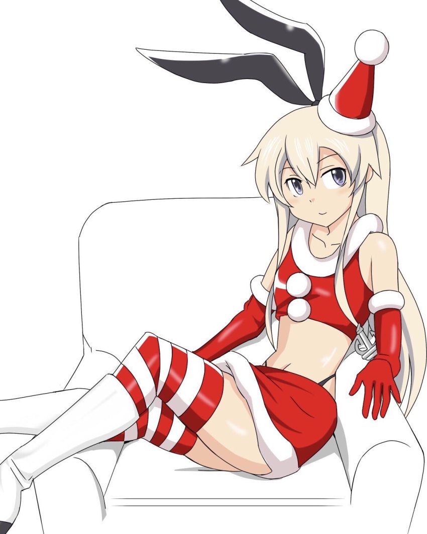 1girl adapted_costume anchor_hair_ornament animal_ears blonde_hair boots breasts chair commentary_request crop_top easy_chair elbow_gloves fake_animal_ears female_focus fur_trim gloves grey_eyes hair_between_eyes hair_ornament hairband hat highres inoue_kousei kantai_collection legs_together long_hair looking_at_viewer navel rabbit_ears santa_costume santa_hat shimakaze_(kancolle) sidelocks sitting skirt sleeveless small_breasts smile solo striped_clothes striped_thighhighs thighhighs