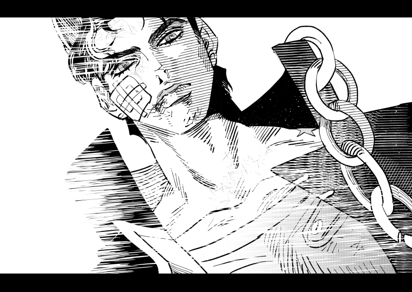 1boy absurdres bandaid bandaid_on_face birthmark chain commentary_request danggo99 dutch_angle frown greyscale highres joestar_birthmark jojo_no_kimyou_na_bouken korean_commentary kuujou_joutarou letterboxed male_focus monochrome portrait solo star_(symbol) stone_ocean