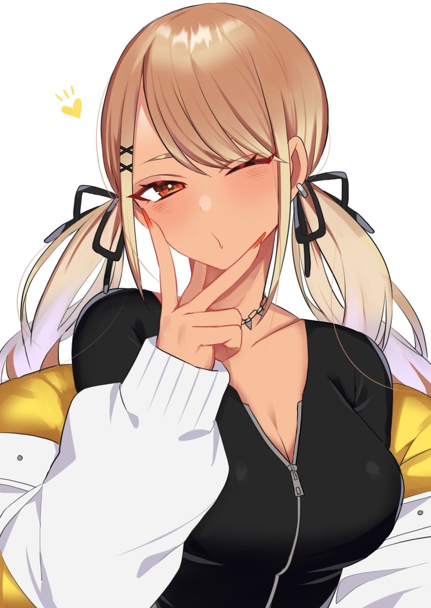 1girl absurdres blush breasts cleavage collarbone dark-skinned_female dark_skin eyebrows_hidden_by_hair half-closed_eye head_tilt heart highres jacket kaminari_qpi kaminari_qpi_(2nd_costume) large_breasts nail_polish off_shoulder one_eye_closed orange_nails portrait_(object) shirasu_uni solo twintails v virtual_youtuber vspo! white_jacket