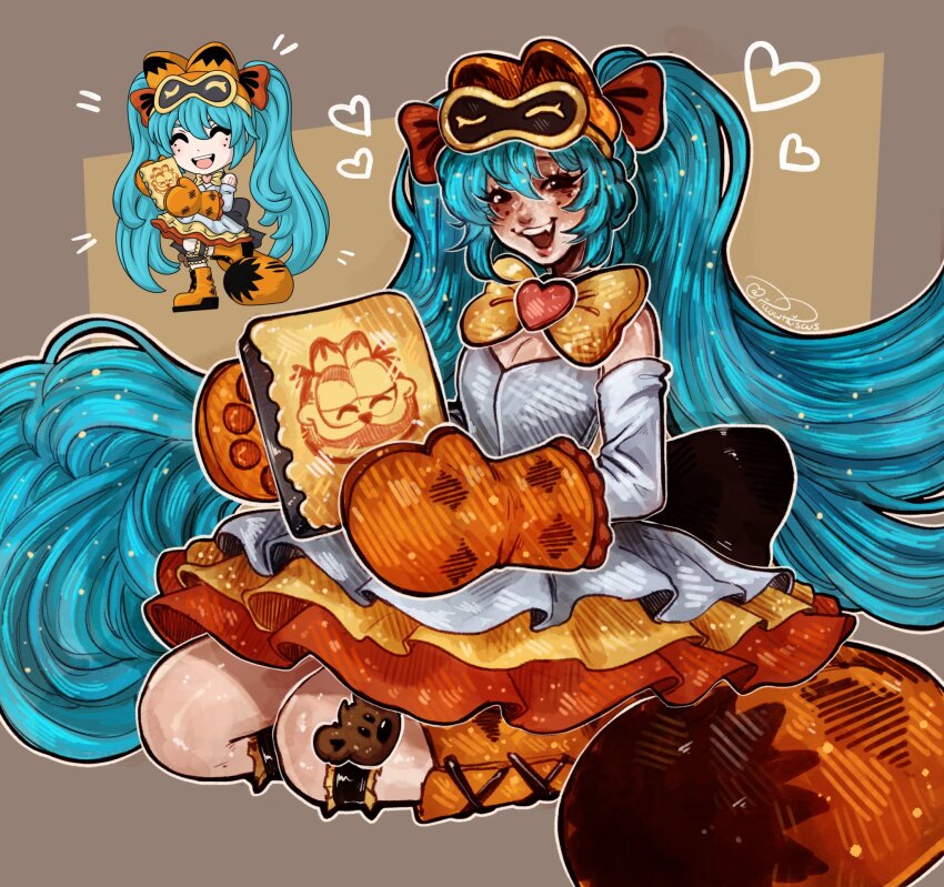 1girl animal_ears back_bow black_bow black_eyes blue_hair bow cat_ears cat_tail detached_sleeves dress full_body garfield garfield_(character) gloves hatsune_miku highres lasagne long_hair long_sleeves open_mouth orange_gloves oven_mitts priskiez sleep_mask smile solo tail twintails very_long_hair vocaloid white_dress