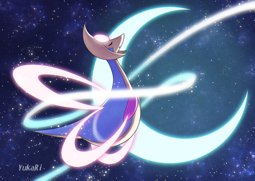 animal_focus artist_name blue_background blue_sky closed_eyes crescent_moon cresselia floating from_side full_body gen_4_pokemon glowing highres legendary_pokemon midair moon night nintendo no_humans open_mouth outdoors pokemon pokemon_(creature) profile sky solo star_(sky) starry_sky watermark yukari_(yukari21653710)