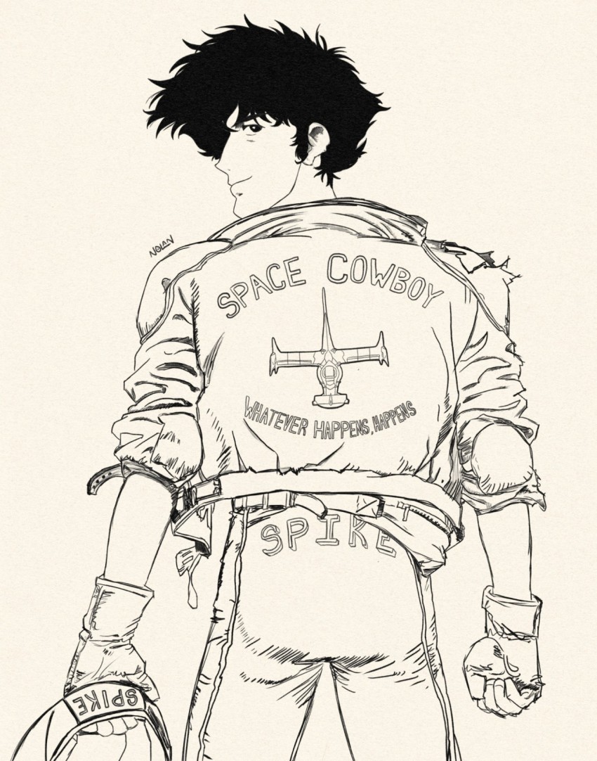 1boy akira_(manga) ass cosplay cowboy_bebop from_behind gloves highres jacket kaneda_shoutarou_(akira) kaneda_shoutarou_(cosplay) simple_background solo spike_spiegel swordfish_ii white_background