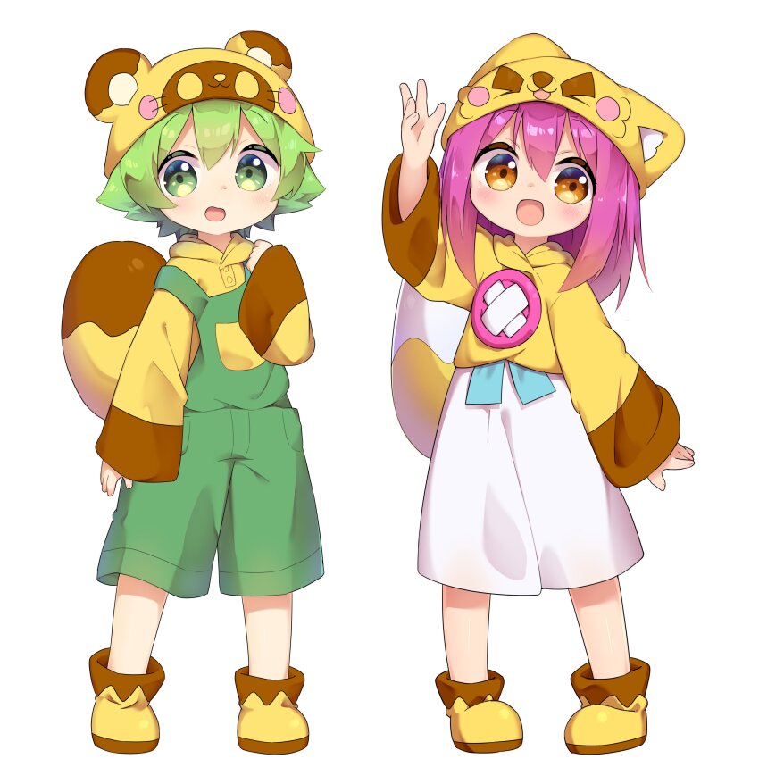 1boy 1girl :d absurdres ankle_boots blush boots botan-kun child commentary_request fox_hat fox_tail full_body green_eyes green_hair green_overalls hair_between_eyes hand_up hat highres hood hood_down hoodie long_sleeves looking_at_viewer medium_hair nipeira open_mouth original overalls pink_hair raccoon_hat raccoon_tail short_hair simple_background skirt sleeves_past_wrists smile standing strap_slip tail tareme white_background white_skirt yellow_boots yellow_eyes yellow_hat yellow_hoodie yuzuwa-chan