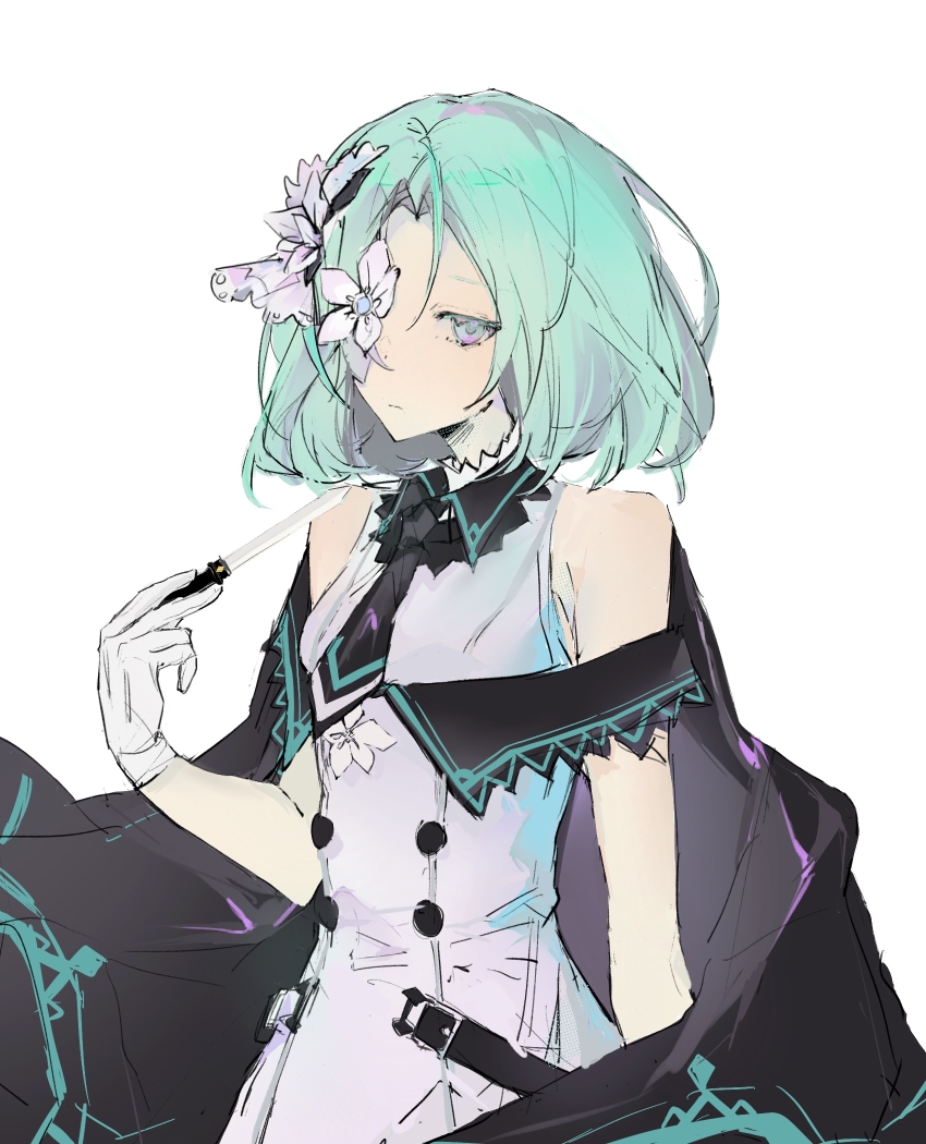 1girl aqua_eyes aqua_hair arcaea bare_shoulders black_cape black_necktie cape chinese_commentary closed_mouth collared_dress commentary_request curtained_hair dagger dress expressionless flower flower_over_eye gloves hand_up highres holding holding_dagger holding_knife holding_weapon knife medium_hair necktie parted_bangs saya_(arcaea) simple_background sleeveless sleeveless_dress solo temeredness upper_body variant_set weapon white_background white_dress white_flower white_gloves