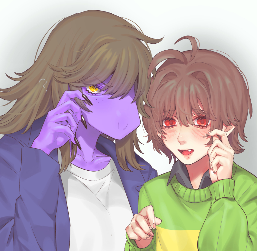 1girl 1other ? aegyo_sal black_nails black_shirt blush coat collared_shirt colored_skin commentary_request deltarune fang fingernails freckles furry furry_female green_sweater hair_between_eyes hair_intakes hand_on_own_cheek hand_on_own_face hand_up hands_up highres kris_(deltarune) lapels lips long_sleeves looking_at_viewer nail_polish open_clothes open_coat open_mouth puffy_long_sleeves puffy_sleeves purple_coat purple_skin red_eyes reptile_girl se_(hanahide) sharp_fingernails shirt short_hair simple_background susie_(deltarune) sweater swept_bangs tongue two-tone_sweater upper_body v-shaped_eyebrows white_background white_shirt yellow_eyes yellow_sweater