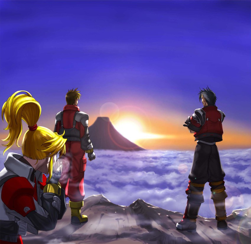3boys arisu_reiji banpresto blonde_hair boots breath capcom cloud crossed_arms crossover excellen_browning fingerless_gloves from_behind gloves highres kazue kyousuke_nanbu lens_flare male_focus mountain multiple_boys namco namco_x_capcom nanbu_kyosuke ponytail sky steam sunset super_robot_wars uniform