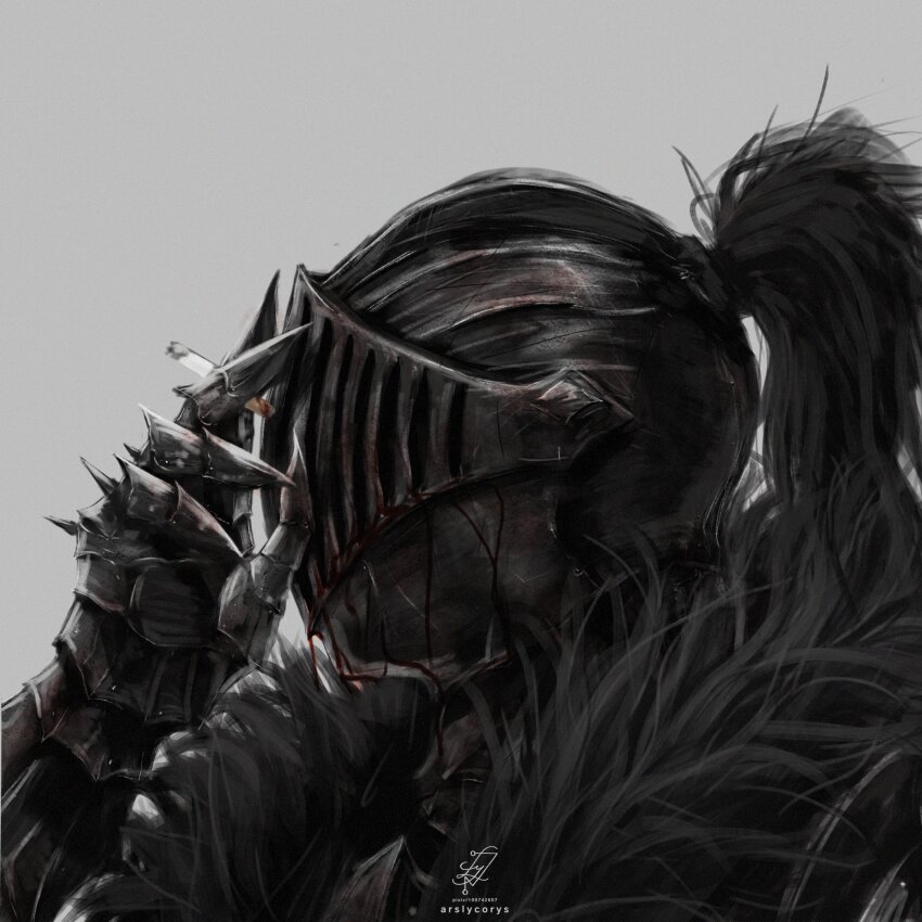 1boy armor ars_lycorys black_souls black_souls_2 blood blood_drip blood_on_clothes bloody_tears cigarette faceless faceless_male feathers full_armor gloves grimm_(black_souls) helm helmet highres knight looking_back looking_to_the_side mads_mikkelsen metal_gloves simple_background spiked_gloves visor_(armor) watermark