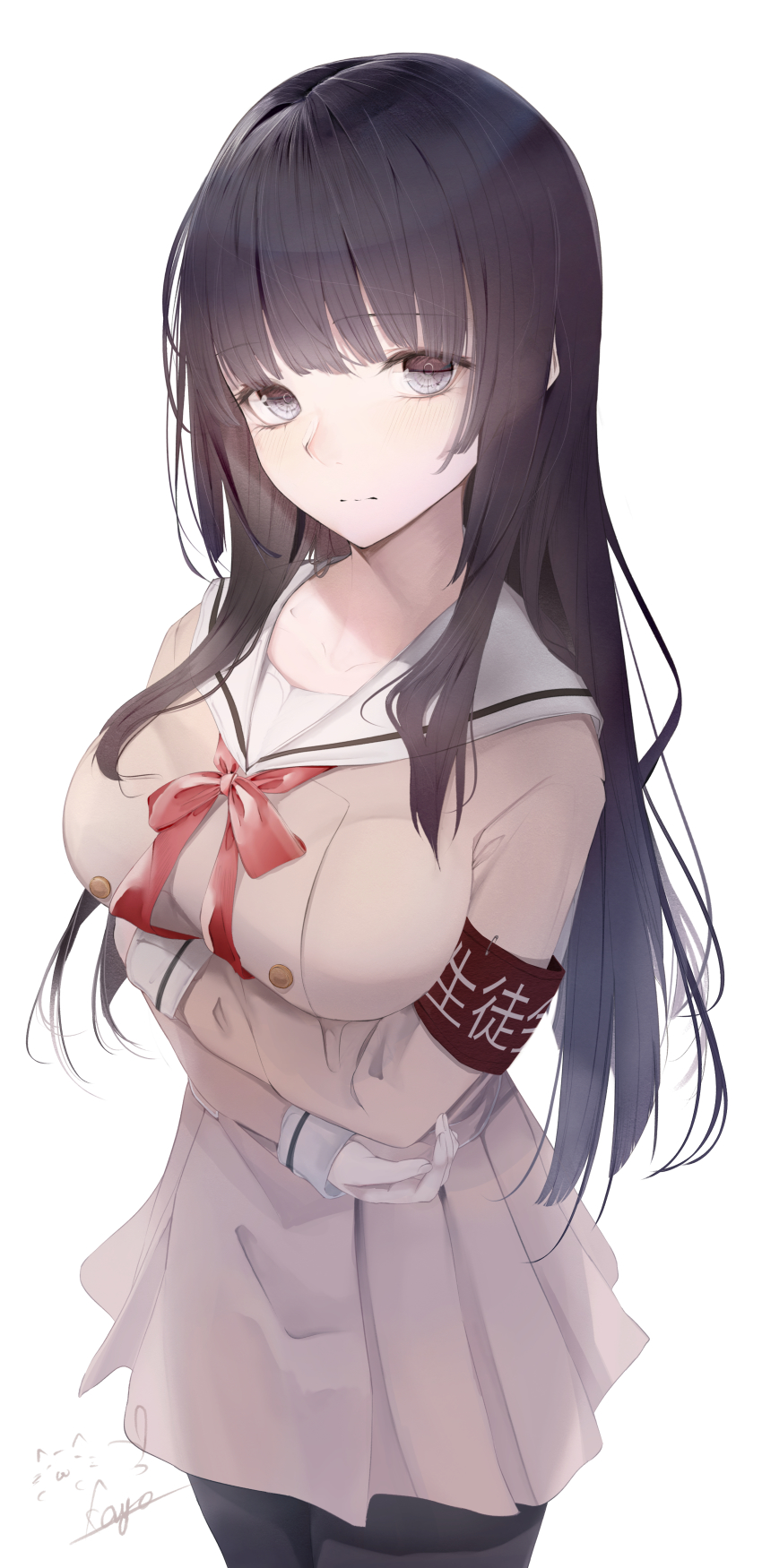 1girl absurdres armband arms_under_breasts artist_name bang_dream! black_hair black_pantyhose blush bow bowtie breasts brown_dress buttons closed_mouth collarbone commentary_request cowboy_shot double-breasted dress eyelashes fingernails grey_eyes hanasakigawa_school_uniform head_tilt highres kisaragi_yaya long_hair long_sleeves looking_at_viewer medium_breasts pantyhose pleated_dress red_bow red_bowtie revision safety_pin sailor_collar school_uniform serafuku shirokane_rinko short_dress sidelocks signature simple_background solo standing white_background white_sailor_collar