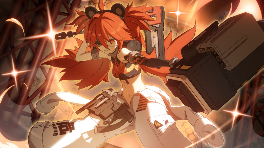 1girl absurdres asymmetrical_gloves bear_ear_hairband collar crop_top elbow_gloves eyepatch flame_print gloves hammer highres holding holding_hammer jumpsuit jumpsuit_around_waist koleda_belobog loli long_hair metal_collar navel pants red_eyes red_hair single_elbow_glove smile twintails white_pants yuyiosang zenless_zone_zero