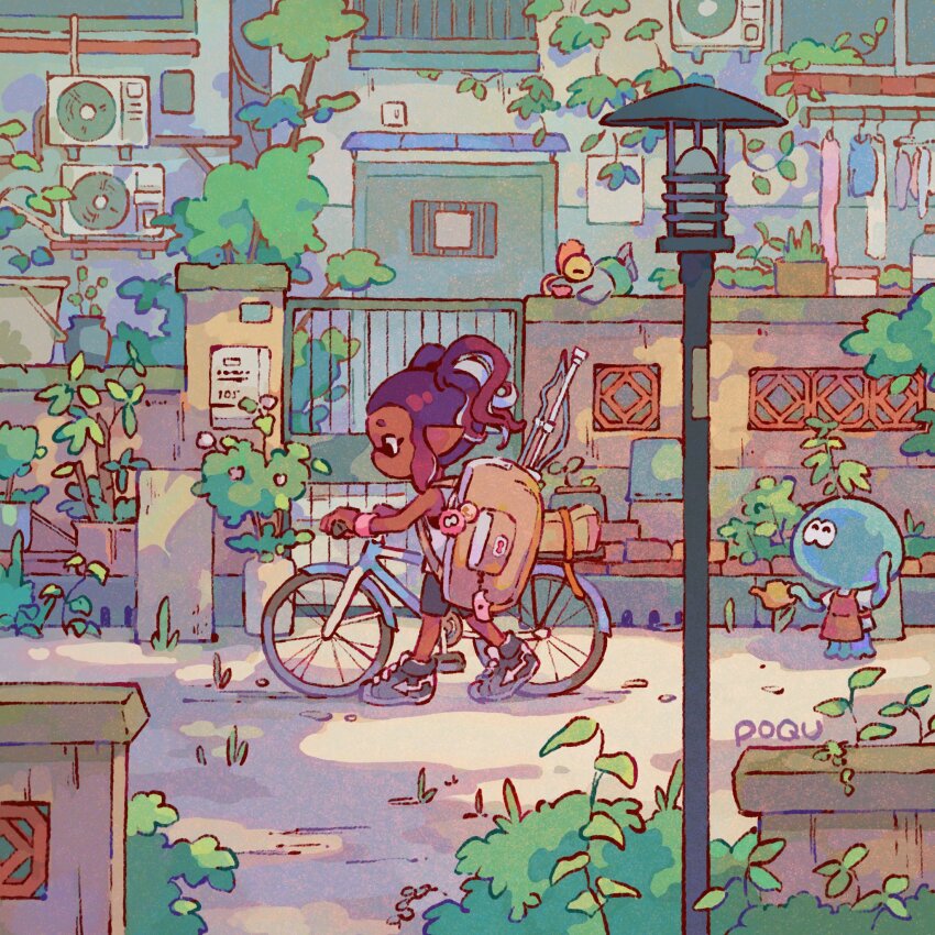 1girl ^_^ apron artist_name backpack bag bag_charm bicycle black_eyes black_shoes black_shorts brown_bag charm_(object) closed_eyes commentary condenser_unit dark-skinned_female dark_skin english_commentary full_body gate highres inkling inkling_girl inkling_player_character jellyfish_(splatoon) lamppost looking_down nintendo outdoors plant pointy_ears poqu potted_plant purple_hair pushing_bicycle red_apron scenery shirt shoes short_hair short_twintails shorts sleeveless sleeveless_shirt smallfry_(splatoon) sneakers solo splatoon_(series) squiffer_(splatoon) sweatband tentacle_hair twintails walking weapon weapon_on_back white_shirt wristband
