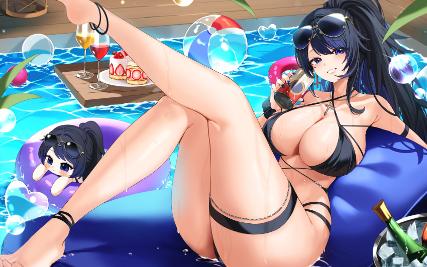 1girl absurdres bare_legs bare_shoulders barefoot bikini black_bikini black_hair blue_eyes breasts can character_doll cleavage commentary_request commission criss-cross_halter cross cross_necklace cup doll drinking_glass eyewear_on_head grin halterneck high_ponytail highres holding holding_can huge_breasts inflatable_raft jewelry knees_up korean_commentary leg_up long_hair looking_at_viewer lying multi-strapped_bikini_bottom multi-strapped_bikini_top nail_polish necklace on_back original ponytail pool reclining sayan smile solo string_bikini sunglasses swimsuit thick_thighs thigh_strap thighs water wet wine_glass