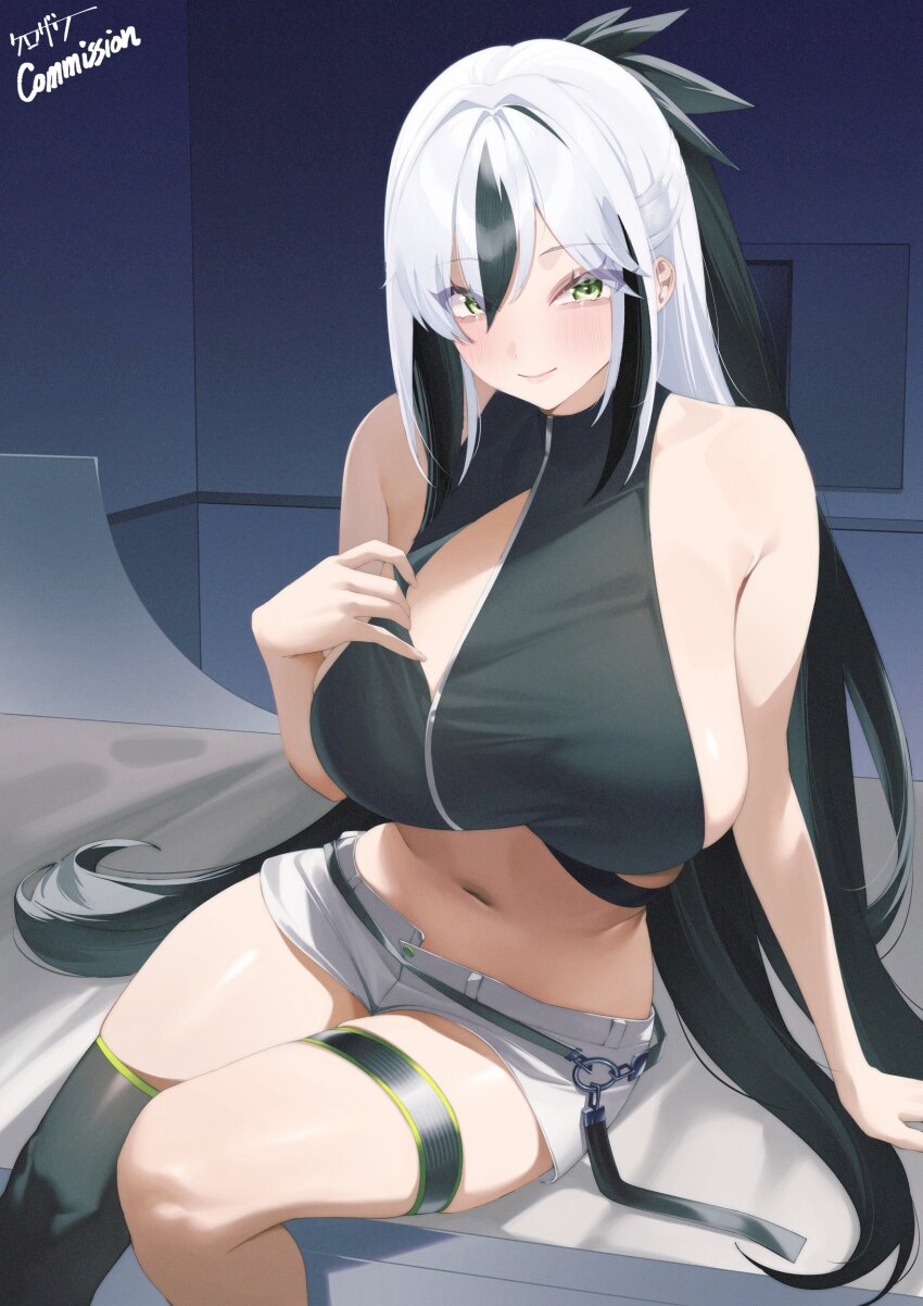 1girl absurdres bare_shoulders belt black_hair black_shirt black_thighhighs blush breasts cropped_shirt fate/grand_order fate_(series) green_eyes hair_between_eyes highres kurozawa_yui large_breasts long_hair looking_at_viewer midriff multicolored_hair nagao_kagetora_(fate) navel shirt short_shorts shorts sidelocks single_thighhigh sitting sleeveless sleeveless_shirt smile solo thigh_strap thighhighs thighs two-tone_hair uesugi_kenshin_(fate) uesugi_kenshin_(second_ascension)_(fate) very_long_hair white_hair white_shorts