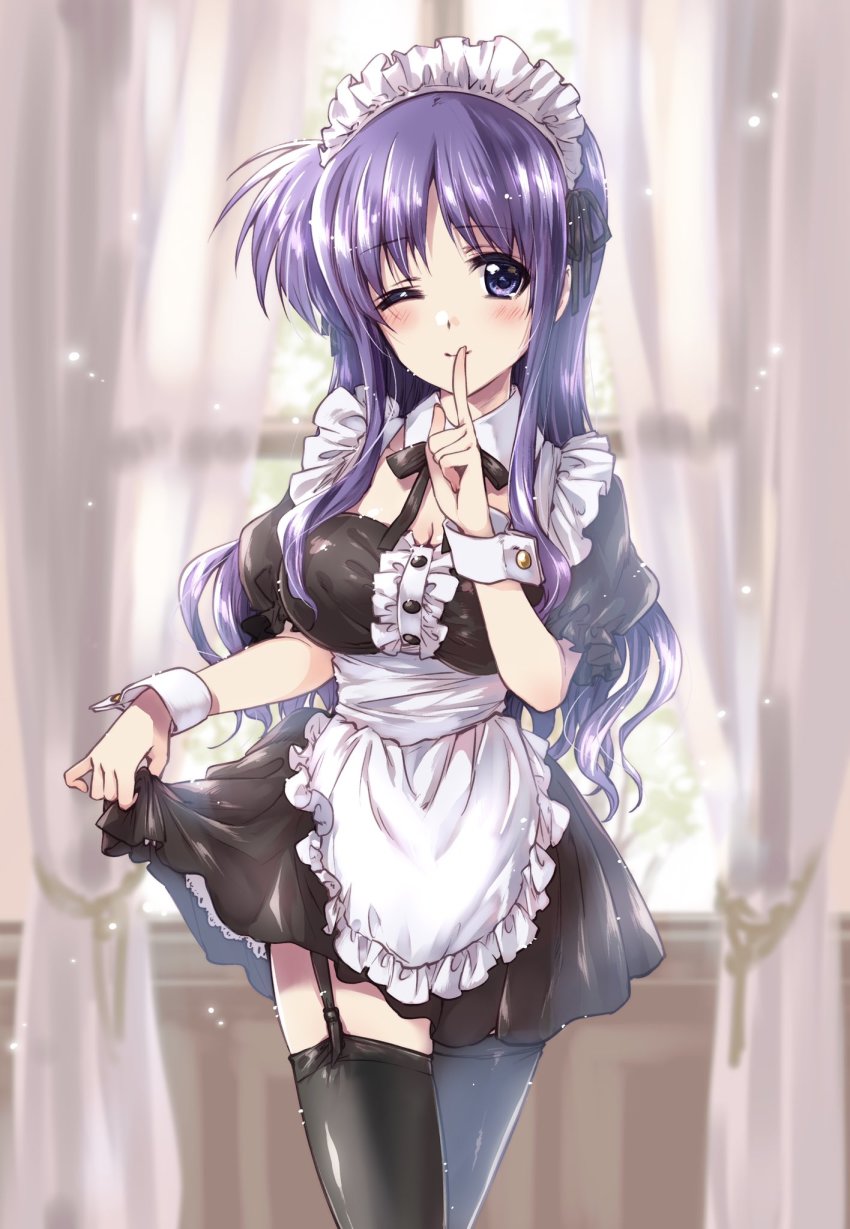 1girl alternate_costume apron black_dress black_ribbon black_thighhighs blurry blurry_background breasts center_frills cleavage cleavage_cutout closed_mouth clothes_lift clothing_cutout collared_shirt commentary_request commission cowboy_shot curtains depth_of_field dress enmaided finger_to_mouth frilled_apron frilled_sleeves frills garter_straps hairband highres indoors kuroi_mimei large_breasts lifting_own_clothes light_particles long_hair looking_at_viewer lyrical_nanoha mahou_shoujo_lyrical_nanoha maid maid_headdress neck_ribbon one_eye_closed puffy_short_sleeves puffy_sleeves purple_eyes purple_hair ribbon shirt short_dress short_sleeves shushing skeb_commission skirt skirt_lift smile solo standing thighhighs tsukimura_suzuka waist_apron window wrist_cuffs