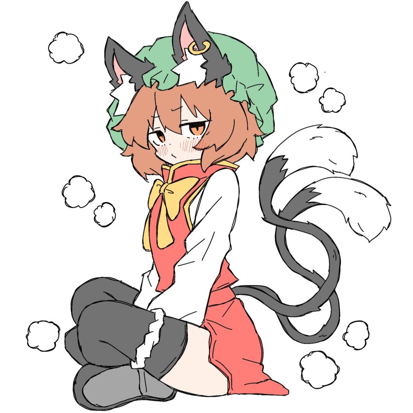 1girl :/ animal_ear_fluff animal_ear_piercing animal_ears black_thighhighs blush bow bowtie brown_eyes brown_hair cat_ears cat_tail chen commentary_request double-parted_bangs earrings flat_chest frills full_body fumomono furrowed_brow gold_trim green_hat hair_between_eyes half-closed_eyes hat highres jewelry jitome looking_at_viewer looking_to_the_side messy_hair mob_cap multiple_tails nekomata red_skirt red_vest short_hair simple_background single_earring sitting skirt skirt_set solo steam tail thighhighs touhou two_tails vest white_background yellow_bow yellow_bowtie