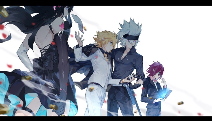 1girl 3boys alternate_costume aotu_world backless_dress backless_outfit bare_shoulders belt black_dress black_gloves black_hair black_jacket black_necktie black_pants black_shirt black_suit blonde_hair blue_eyes bokyo cigarette collared_shirt dress elbow_gloves flower formal_clothes gloves grey_(aotu_world) headband holding holding_sword holding_weapon jacket jacket_on_shoulders jewelry kaili_(aotu_world) katana king_(aotu_world) letterboxed long_hair long_sleeves motion_blur multiple_boys necktie pants phantom.s red_hair sheath sheathed shirt short_hair smoke spiked_hair standing suit sword tattoo thigh_strap weapon white_background white_hair white_shirt white_suit wind