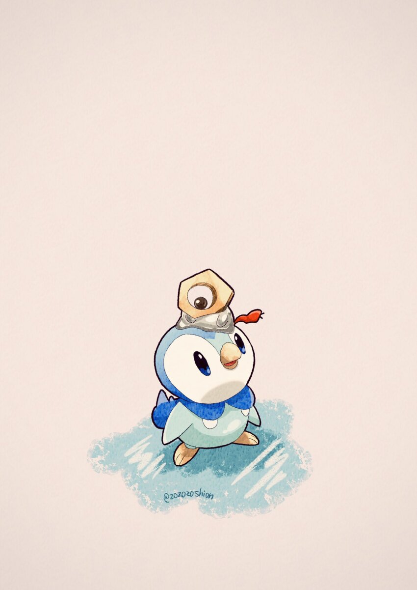 animal_focus artist_name bird blue_eyes commentary_request from_above gen_4_pokemon gen_7_pokemon highres meltan mythical_pokemon nintendo no_humans on_ice one-eyed penguin piplup pokemon pokemon_(creature) simple_background twitter_username white_background zozozoshion