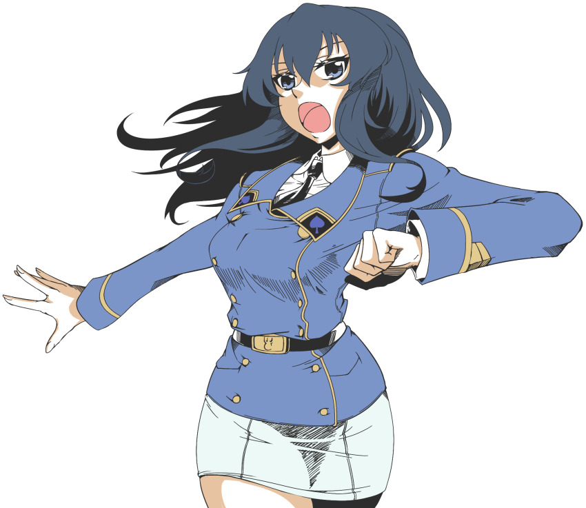 1girl belt belt_buckle black_belt blue_eyes blue_hair blue_jacket buckle clenched_hand collared_shirt eclair_(girls_und_panzer) fda_yoshifu frown girls_und_panzer girls_und_panzer_gekitou!_maginot-sen_desu!! gold_buckle highres jacket long_hair maginot_military_uniform miniskirt necktie open_mouth pencil_skirt red_necktie shirt skirt white_shirt white_skirt