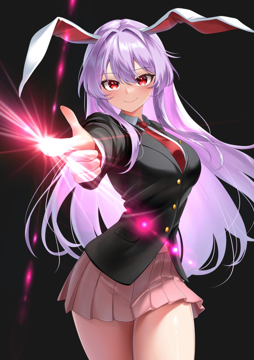 1girl absurdres animal_ears black_background black_jacket finger_gun hair_between_eyes highres jacket leo23 long_sleeves looking_at_viewer necktie pink_skirt purple_hair rabbit_ears red_eyes red_necktie reisen_udongein_inaba shirt skirt smile solo thighs touhou white_shirt