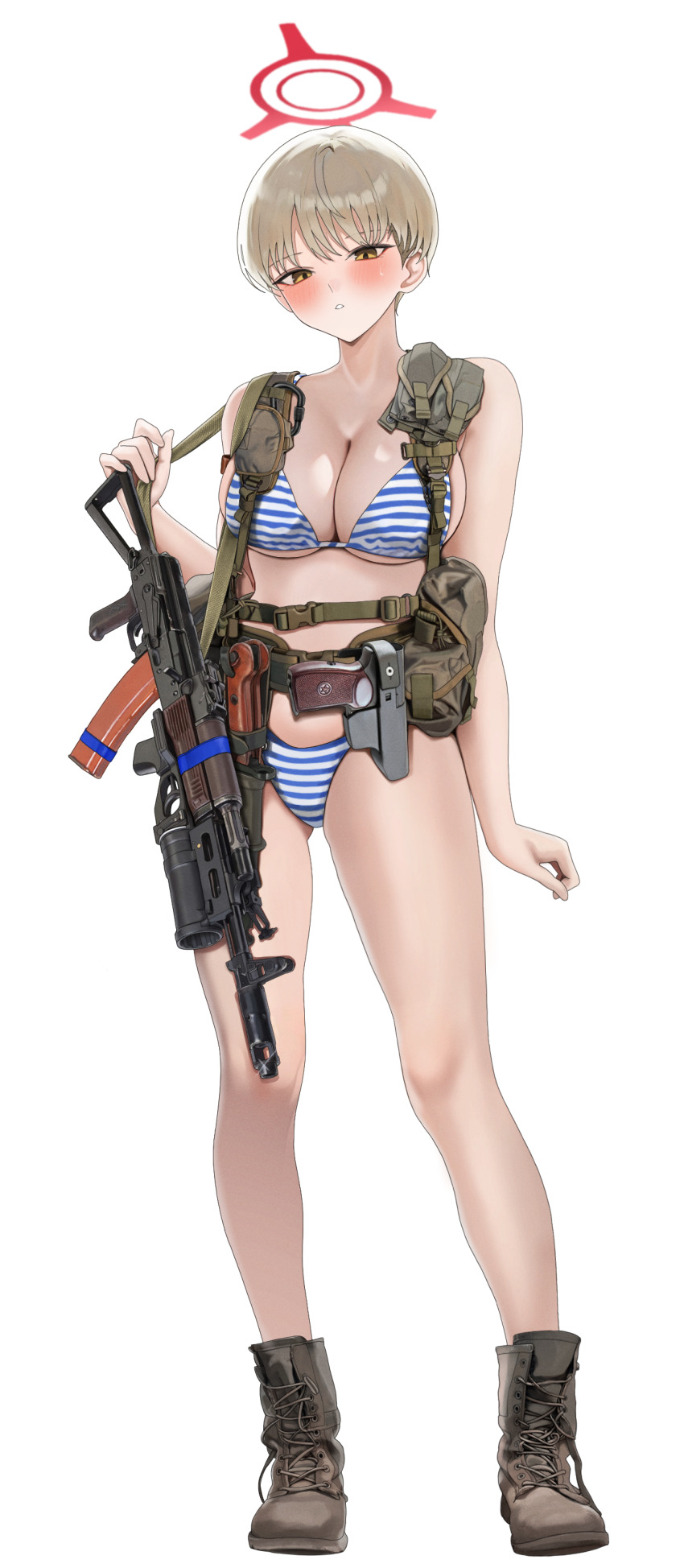 1girl absurdres ak-74 aks-74 assault_rifle bayonet belt belt_pouch bikini blonde_hair blue_archive blush bob_cut boots breasts brown_boots brown_eyes check_weapon chest_rig cleavage commentary_request fte_(fifteen_199) full_body gluteal_fold gp-25 grenade_launcher gun halo handgun highres kalashnikov_rifle knife_sheath large_breasts load_bearing_equipment looking_at_viewer makarov_pm marina_(blue_archive) multicolored_bikini pouch red_halo rifle sheath shirt short_hair simple_background smersh solo standing striped_bikini striped_clothes striped_shirt swimsuit telnyashka thighs two-tone_bikini underbarrel_grenade_launcher utility_belt weapon weapon_case weapon_request white_background