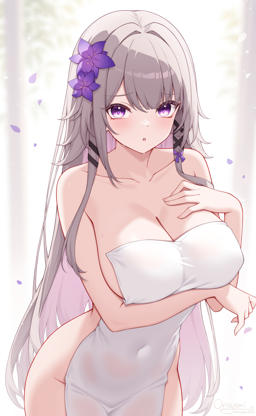 1girl absurdres alternate_breast_size arm_under_breasts blush breasts brown_hair collarbone colored_inner_hair commentary covered_navel covering_privates cowboy_shot flower hair_flower hair_ornament hair_ribbon hand_on_own_chest herta_(honkai:_star_rail) highres honkai:_star_rail honkai_(series) large_breasts long_hair looking_at_viewer multicolored_hair nude_cover origami_(poinia) paid_reward_available parted_lips purple_eyes purple_flower purple_hair purple_petals purple_ribbon ribbon signature solo the_herta_(honkai:_star_rail) very_long_hair wet