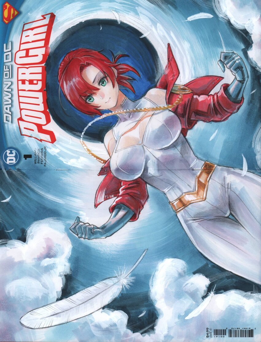 1girl blue_gloves bodysuit boudica_(fate) breasts cleavage_cutout clothing_cutout cosplay cropped_jacket dc_comics fate/grand_order fate_(series) gloves highres jacket off_shoulder power_girl power_girl_(cosplay) red_hair red_jacket rodrigo_yoshimiya smile solo superhero_costume superman_(series)