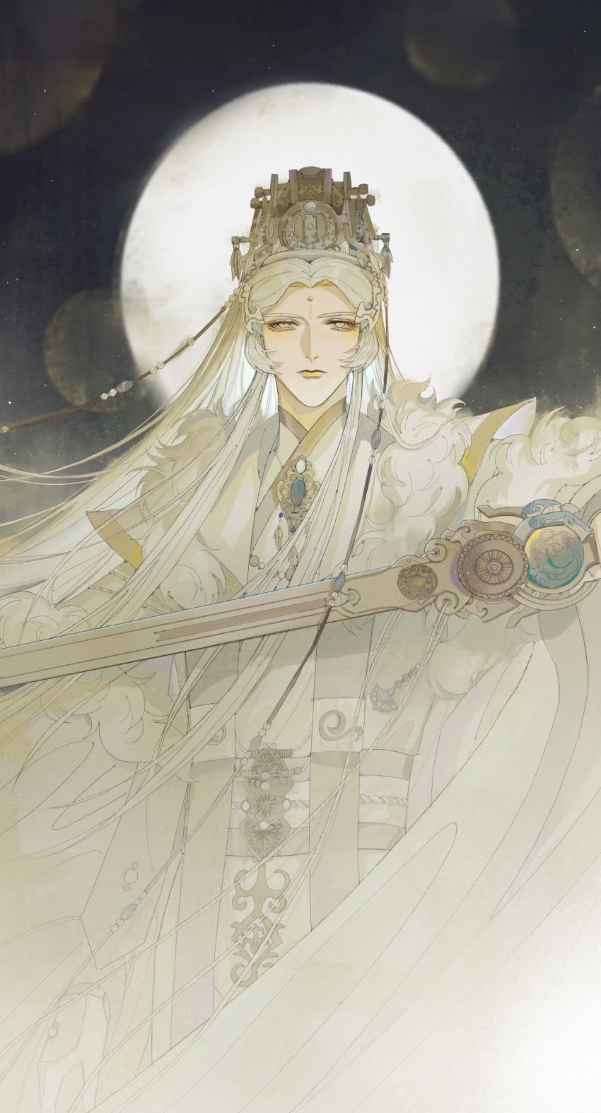1boy absurdres aqua_eyes blue_gemstone chest_jewel chinese_clothes closed_mouth coat cowboy_shot curtained_hair facial_mark floating_hair full_moon fur-trimmed_coat fur_trim gem guan_hat hanfu highres jewelry jian_(weapon) jinguang_budaixi long_hair looking_at_viewer male_focus moon multicolored_eyes night parted_bangs que_zhou_yi_fan_du sash sidelocks solo straight-on sword waist_sash weapon white_coat white_hair white_hanfu white_sash wuxia xuanyiii