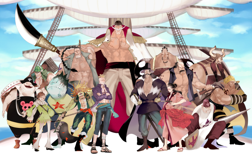 6+boys abs antique_firearm atmos bad_id bad_pixiv_id bandana beard black_hair blamenco blenheim blonde_hair blue_skin braid brown_hair cape chain cigar colored_skin crossed_arms curiel earrings edward_newgate epaulettes facial_hair firearm firelock flintlock flower_sword_vista fossa glasses grin gun hammer haruta_(one_piece) hat helmet highres horns izou_(one_piece) jacket jacket_on_shoulders jewelry jozu kingdew lance long_hair male_focus manly marco_(one_piece) marineford missing_tooth moby_dick_(one_piece) monster_boy multi-tied_hair multiple_boys muscular mustache namur one_piece pirate_hat polearm rakuyou roco64 sandals scar sheath sheathed shield ship short_hair smile speed_jiru sword tattoo top_hat watercraft weapon white_hair