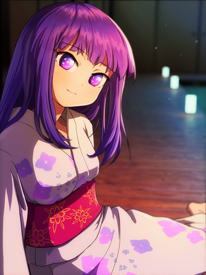 1girl alternate_costume alternate_hairstyle breasts closed_mouth commentary_request floral_print floral_print_kimono foot_out_of_frame hair_down hieda_no_akyuu highres indoors japanese_clothes kazz kimono lantern long_hair long_sleeves looking_at_viewer looking_to_the_side obi paper_lantern photo_background print_kimono purple_eyes purple_hair red_sash sash shouji sidelocks sitting sliding_doors small_breasts smile solo touhou white_kimono yokozuwari