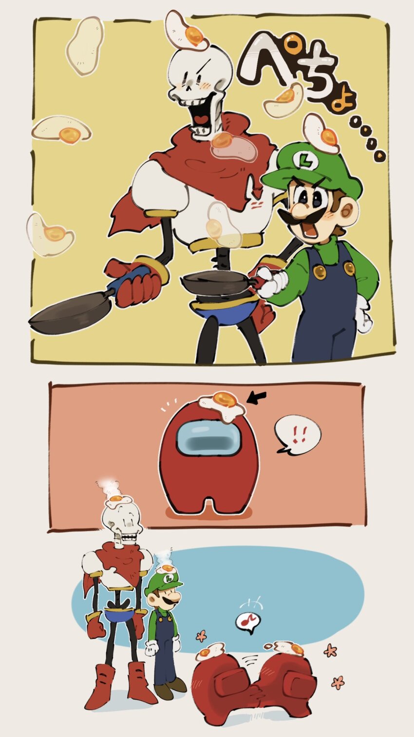 2boys among_us blue_eyes blue_overalls brown_hair crossover egg_(food) facial_hair food frying_pan gloves hat highres luigi male_focus mimimi_(mimimim9999) multiple_boys multiple_crossover mustache overalls papyrus_(undertale) red_(among_us) shirt short_hair simple_background skeleton undertale white_gloves