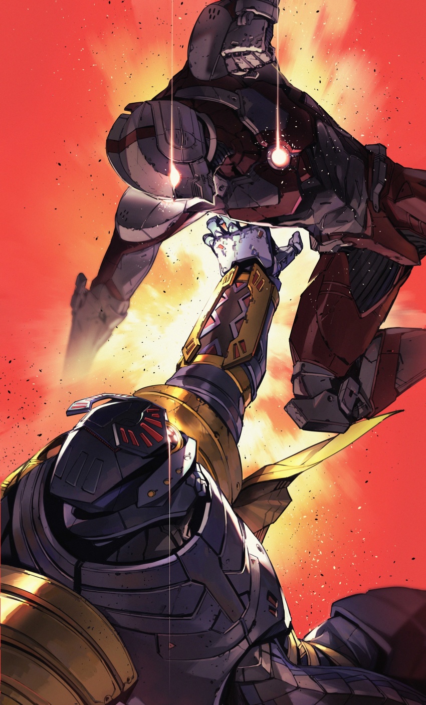 2boys absurdres armor cover cover_image cover_page explosion glowing glowing_eye highres male_focus manga_cover multiple_boys official_art power_armor red_eyes science_fiction shimoguchi_tomohiro ultra_series ultraman ultraman_(hero&#039;s_comics) ultraman_suit_(hero&#039;s_comics)