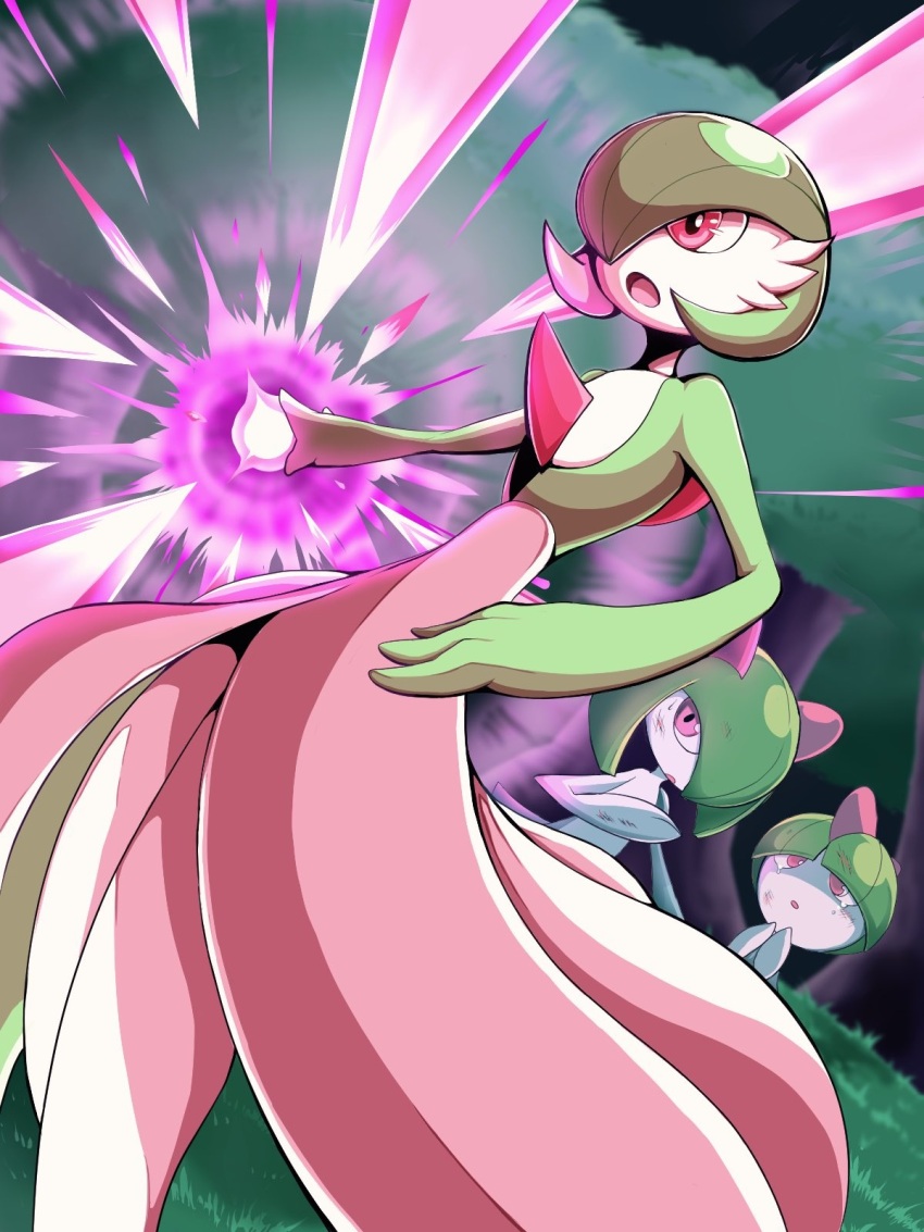 bad_id bad_twitter_id bis814 bob_cut bowl_cut colored_skin dress energy_ball evolutionary_line forest gardevoir gen_3_pokemon green_hair green_skin hair_over_one_eye highres horns kirlia multicolored_skin nature nintendo open_mouth pink_eyes pokemon pokemon_(creature) ralts sidelocks tree two-tone_skin white_dress white_skin