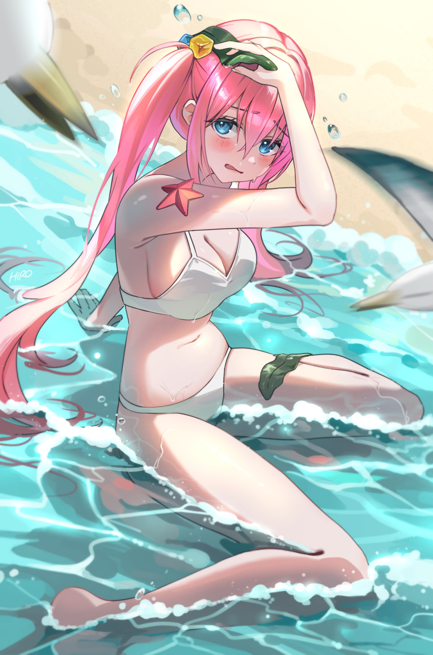 1girl absurdres alternate_hairstyle beach bikini blue_eyes bocchi_the_rock! breasts cleavage commentary gotoh_hitori hair_between_eyes highres large_breasts long_hair looking_at_viewer open_mouth partially_submerged pink_hair rounizm seaweed solo stomach swimsuit symbol-only_commentary twintails wet white_bikini
