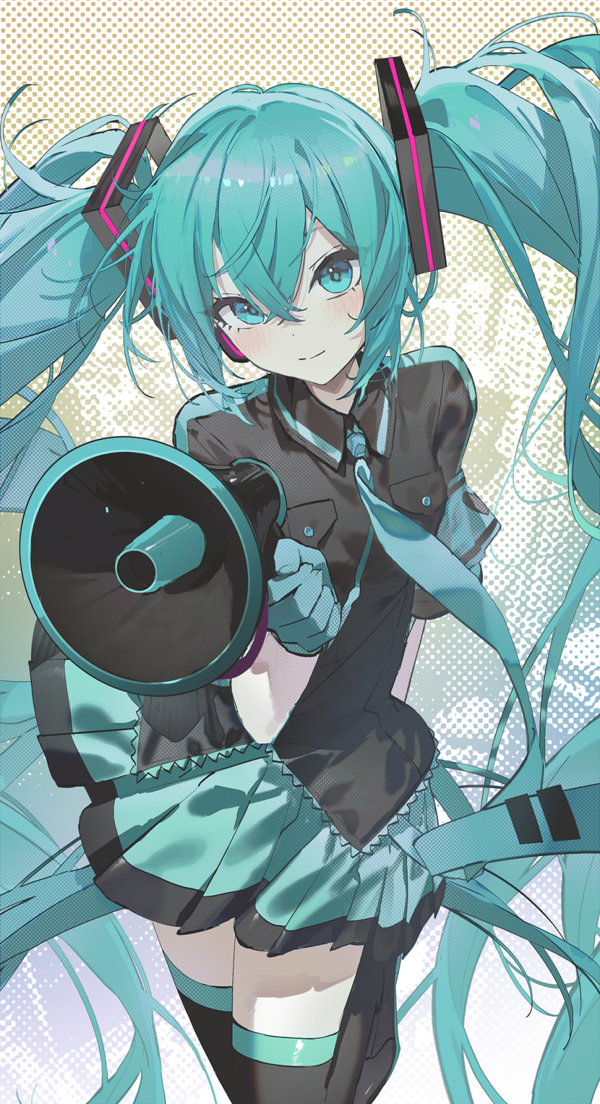 1girl aqua_eyes aqua_gloves aqua_hair aqua_necktie aqua_skirt arm_behind_back black_boots black_dress blush boots chinese_commentary closed_mouth commentary_request cowboy_shot dress gloves hair_between_eyes hair_ornament hatsune_miku highres holding holding_megaphone kieed koi_wa_sensou_(vocaloid) large_variant_set leg_up long_hair looking_at_viewer megaphone miku_day necktie pleated_skirt polka_dot polka_dot_background skirt solo thigh_boots thighhighs tie_clip twintails variant_set very_long_hair vocaloid zettai_ryouiki