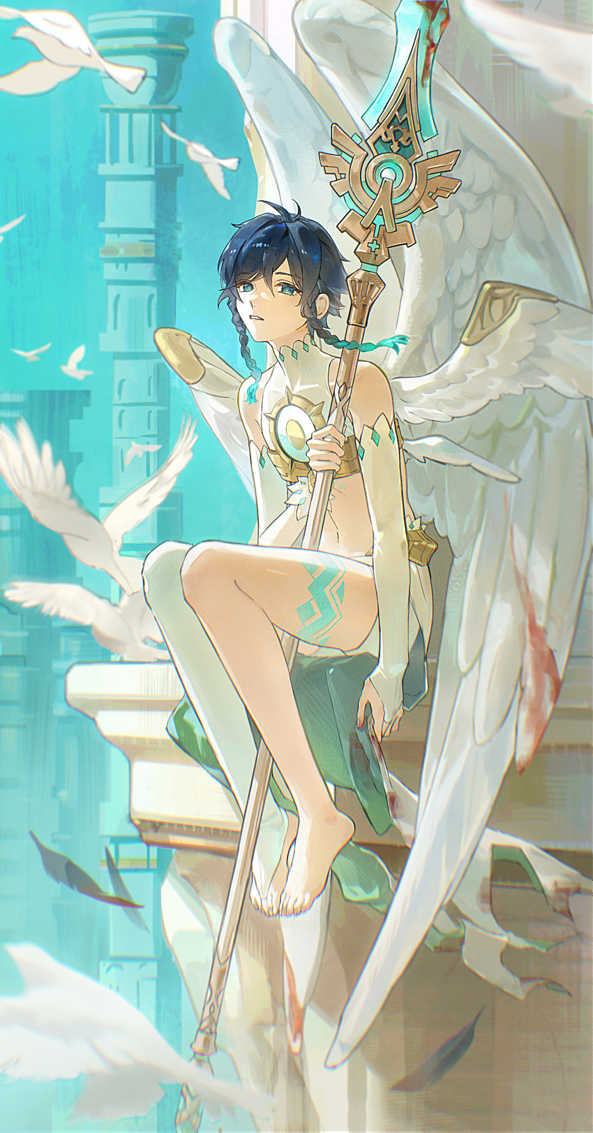 1boy absurdres aji_11300913 angel_wings aqua_eyes bare_shoulders barefoot bird black_hair blood blood_on_clothes bloody_weapon bloody_wings blue_hair braid bridal_gauntlets bridal_legwear chest_tattoo commentary_request covered_collarbone crop_top dove feathered_wings full_body genshin_impact gradient_hair hair_between_eyes highres holding holding_polearm holding_weapon leg_tattoo looking_at_viewer male_focus midriff multicolored_hair multiple_wings navel official_alternate_costume outdoors parted_lips polearm shirt short_hair_with_long_locks shorts side_braids sidelocks sitting sleeveless sleeveless_shirt solo sparkle tattoo torn_clothes twin_braids venti_(archon)_(genshin_impact) venti_(genshin_impact) weapon white_bridal_gauntlets white_shirt white_wings wings