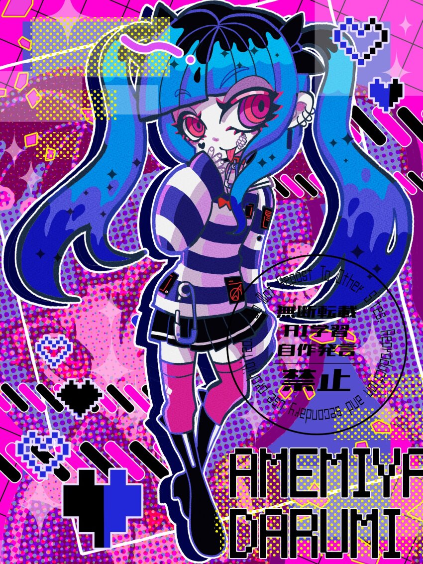1girl amemiya_darumi black_boots black_hair black_skirt blue_hair blue_stripes boots character_name diamond_(shape) ear_piercing earrings eyelashes female_focus full_body hand_up heart highres jewelry long_hair looking_at_viewer makeup multicolored_hair piercing pink_eyes pink_thighhighs pleated_skirt safety_pin shirt skirt solo solo_focus striped_clothes striped_shirt striped_skirt the_hundred_line_-last_defense_academy- thighhighs tongue tongue_out twintails white_stripes